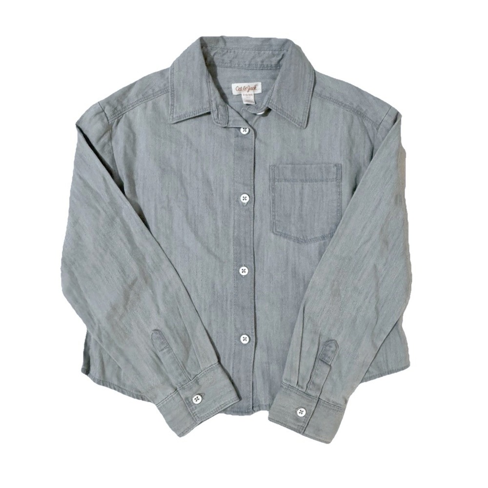 Cat & Jack Girls Denim Shirt 6 6X Blue Long Sleeve‎ Button Down Oversized NWT